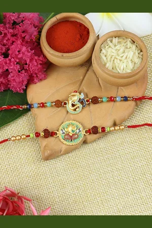 asthetika Set Of 2 Ganesha Charm Beaded Thread Rakhi With Roli Chawal