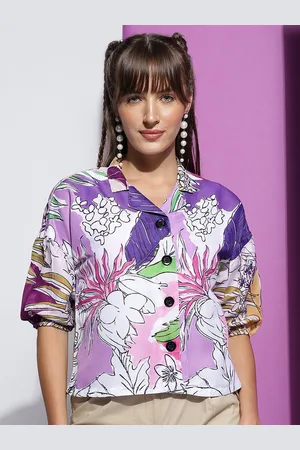 DressBerry Women Lapel Collar Floral Printed Puff Sleaves Top