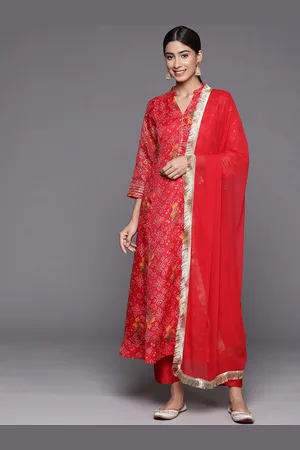 Varanga Bandhani Printed Mandarin Collar A-Line Kurta With Trousers & Dupatta