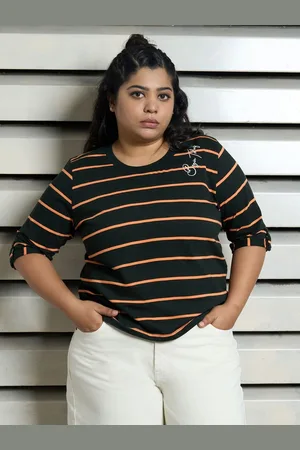 High Star Women Striped Round Neck Cotton T-shirt