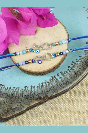 asthetika Set Of 2 Stone Studded Evil Eye Inifinity Thread Rakhis With Roli Chawal