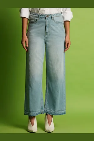 Globus Women Wide Leg Mid-Rise Clean Look Heavy Fade Pure Cotton Non Stretchable Jeans