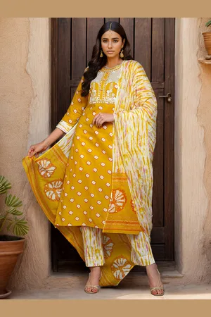 Ahika Yellow Bandhani Printed Thread Work Pure Cotton Kurta with Trousers & Dupatta