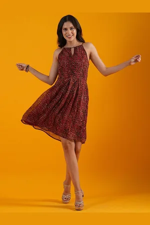Globus Rust Animal Print Keyhole Neck Georgette Fit & Flare Dress