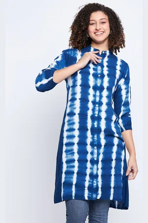 BAESD Womens Rayon Tie & Dye Mandarin Collar Printed Blue Tunic