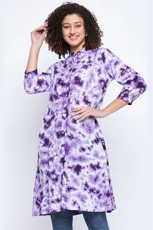 BAESD Womens Rayon Tie & Dye Mandarin Collar Printed Purple Tunic