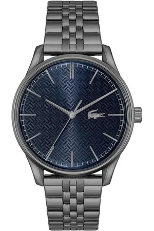 Lacoste Men Blue Brass Dial & Grey Stainless Steel Bracelet Style Straps Analogue Watch