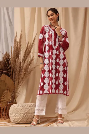 ADAM Co. Floral Embroidered Notched Neck Chikankari Straight Kurta