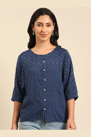 IMARA Geometric Print Round Neck Extended Sleeves Regular Top