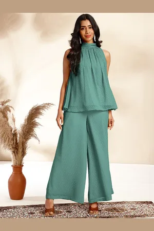 Janasya Self-Design High Neck Dobby Gathered Top & Palazzos