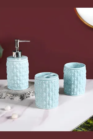 Nestasia Blue & Silver Toned 3 Pieces Textured Ceramic Bath Accessories Set