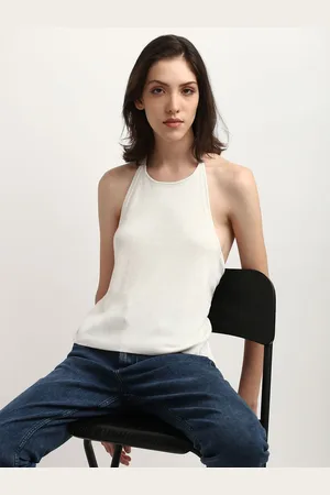 Calvin Klein Self Design Halter Neck Styled Back Top