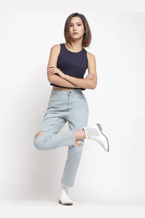 Belliskey Women Boyfriend Fit High-Rise Slash Knee Stretchable Cotton Jeans