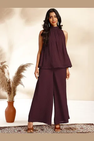 Janasya Self-Design High Neck Dobby Gathered Top & Palazzos