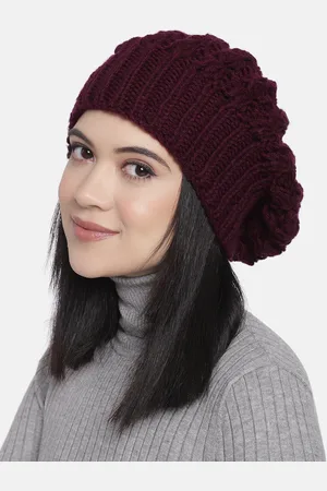 Magic Needles Women Burgundy Self Design Handmade Beanie