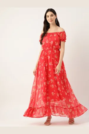 DressBerry Pink Floral Printed Off-Shoulder Maxi Dress