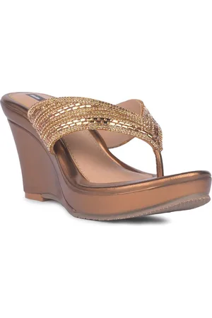 Bata Embellished Round Toe Leather Wedge Sandals