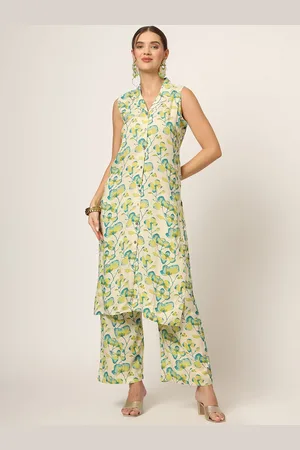 Divena World Floral Printed Lapel Collar Sleeveless Straight Kurta With Trouser