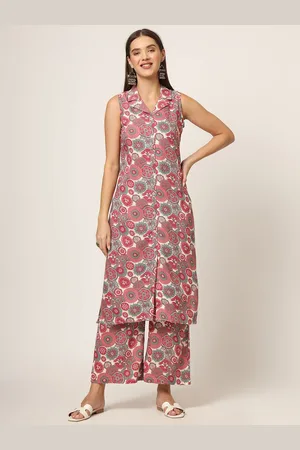 Divena World Floral Printed Lapel Collar Sleeveless Straight Kurta With Trouser