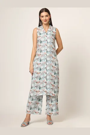 Divena World Floral Printed Lapel Collar Sleeveless Straight Kurta With Trouser