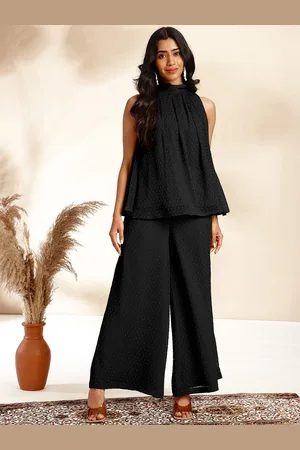 Janasya Self-Design High Neck Dobby Gathered Top & Palazzos