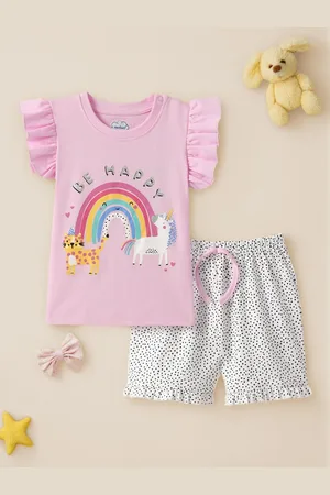 Nauti Nati Girls Graphic Printed Round Neck Pure Cotton Top with Shorts
