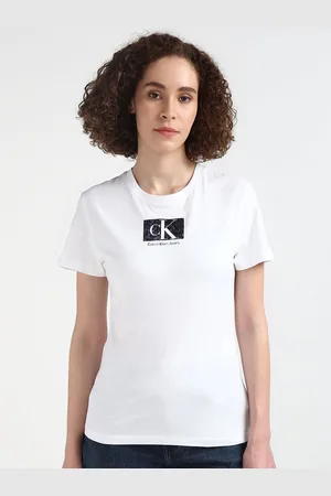 Calvin Klein Women Typography Printed Round Neck Slim Fit Pure Cotton T-shirt