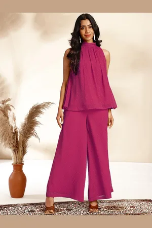 Janasya Self-Design High Neck Dobby Gathered Top & Palazzos