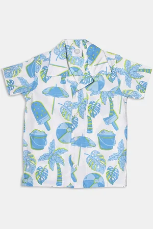 YK Boys Classic Conversational Printed Cuban Collar Pure Cotton Casual Shirt