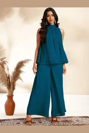 Janasya Self-Design High Neck Dobby Gathered Top & Palazzos