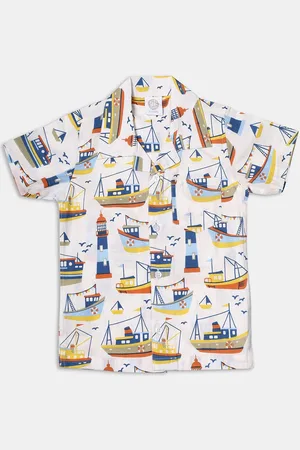 YK Boys Conversational Printed Cuban Collar Pure Cotton Classic Casual Shirt