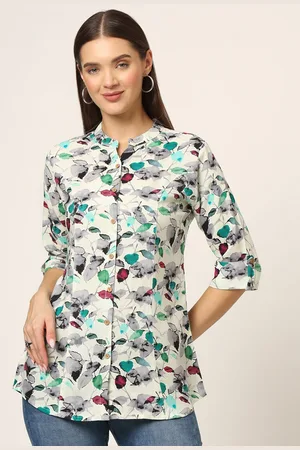 Divena World Women Floral Print Mandarin Collar Roll-Up Sleeves Shirt Style Top