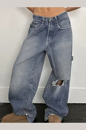 LULU & SKY Women Straight Fit High-Rise Slash Knee Heavy Fade Jeans