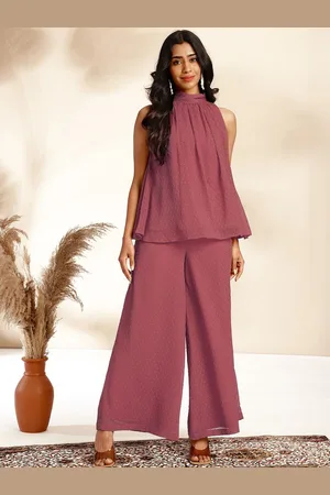 Janasya Self-Design High Neck Dobby Gathered Top & Palazzos