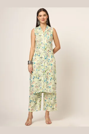 Divena World Floral Printed Lapel Collar Sleeveless Straight Kurta With Trouser
