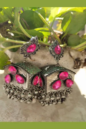 Cardinal Silver Plated Artificial Stones And Beads Studded Classic Jhumkas