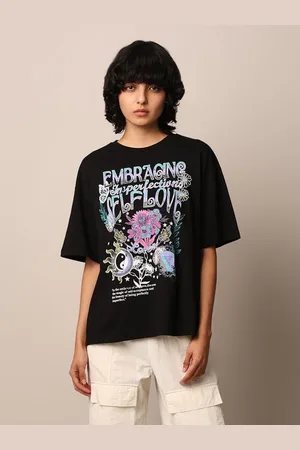 ONLY Women Printed Round Neck Cotton Oversized T-Shirt