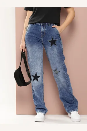 HARVARD Women Straight Fit Heavy Fade Embroidered Stretchable Jeans