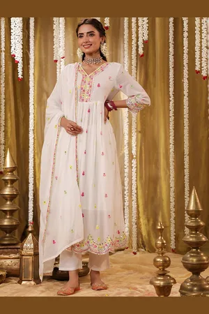 SCAKHI Floral Embroidered Pure Cotton Anarkali Kurta & Trousers With Dupatta