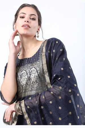 Ketch Women Navy Blue Ethnic Motifs Straight Kurta With Palazzo & With Dupatta