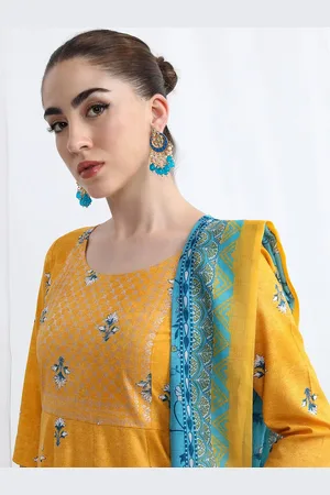 Ketch Floral Printed Thread Work A-Line Kurta with Trousers & With Dupatta