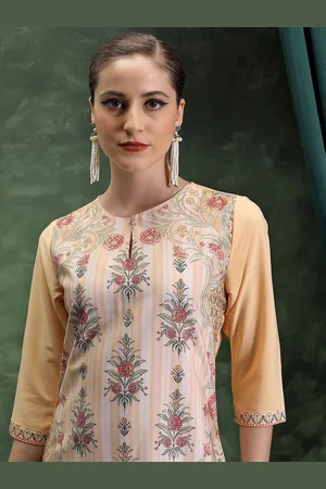 Ketch Yellow Floral Printed Keyhole Neck Straight Kurta
