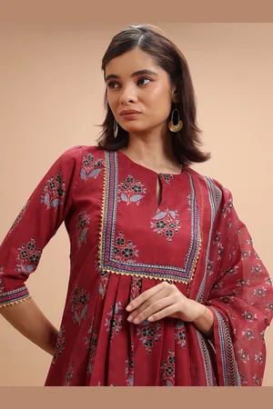 Ketch Red Floral Printe Kurta & Trousers With Dupatta