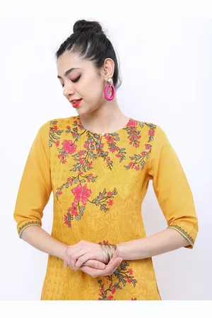 Ketch Women Yellow Floral Keyhole Neck Kurta