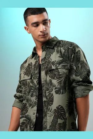Highlander Men Olive Printed Utility Pocket Oversized Overshirt