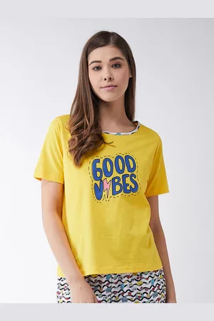 Miss Chase Women Yellow & Blue Typography Printed Cotton T-shirt