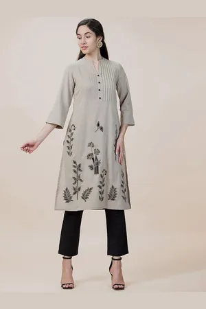 BARARA ETHNIC Floral Printed Mandarin Collar Linen Pleated Straight Kurta
