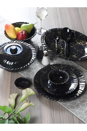 Aura 46 Pieces Printed Glossy Dishwasher and Microwave Safe Dinner Set