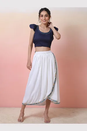Sangria Embroidered Scoop Neck Puff Sleeves Crop Top With Skirt
