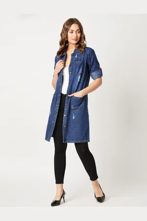 Miss Chase Women Navy Blue Solid Longline Denim Jacket